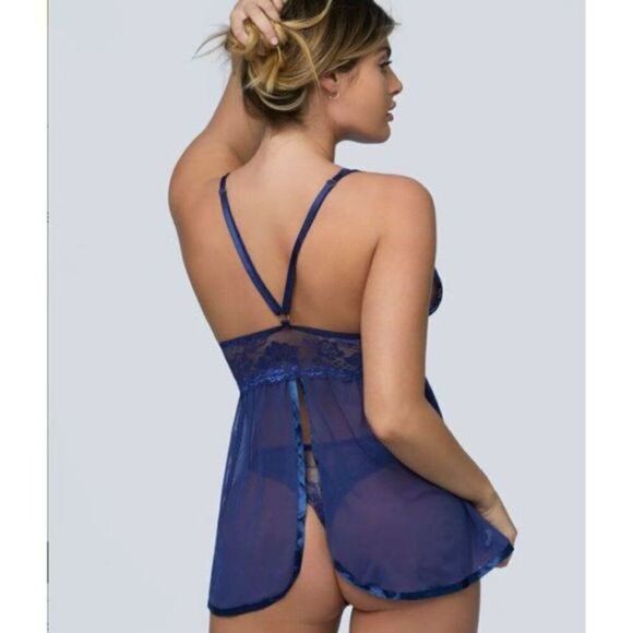 Blue Babydoll Set Lace Plunging Lingerie - Picture 2 of 7